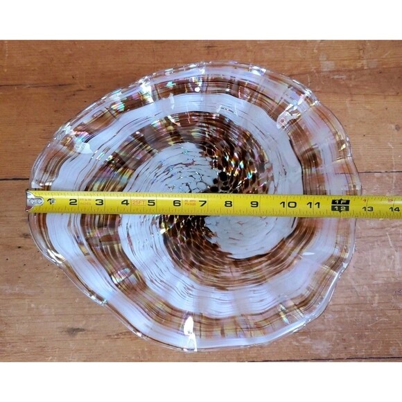 Handmade Blown Art Glass Bowl Ribbon Swirl Ripple Edge Brown Pearlescent Euc - Picture 4 of 10